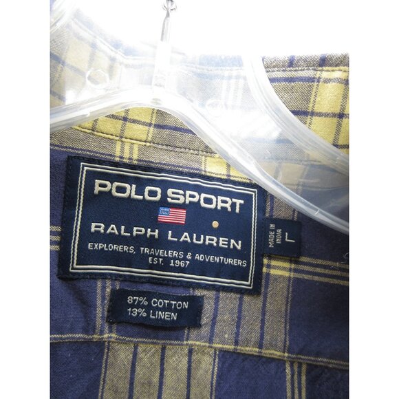 VINTAGE Ralph Lauren Polo Sport Shirt Large Linen Blend Button Up Plaid - Picture 10 of 11